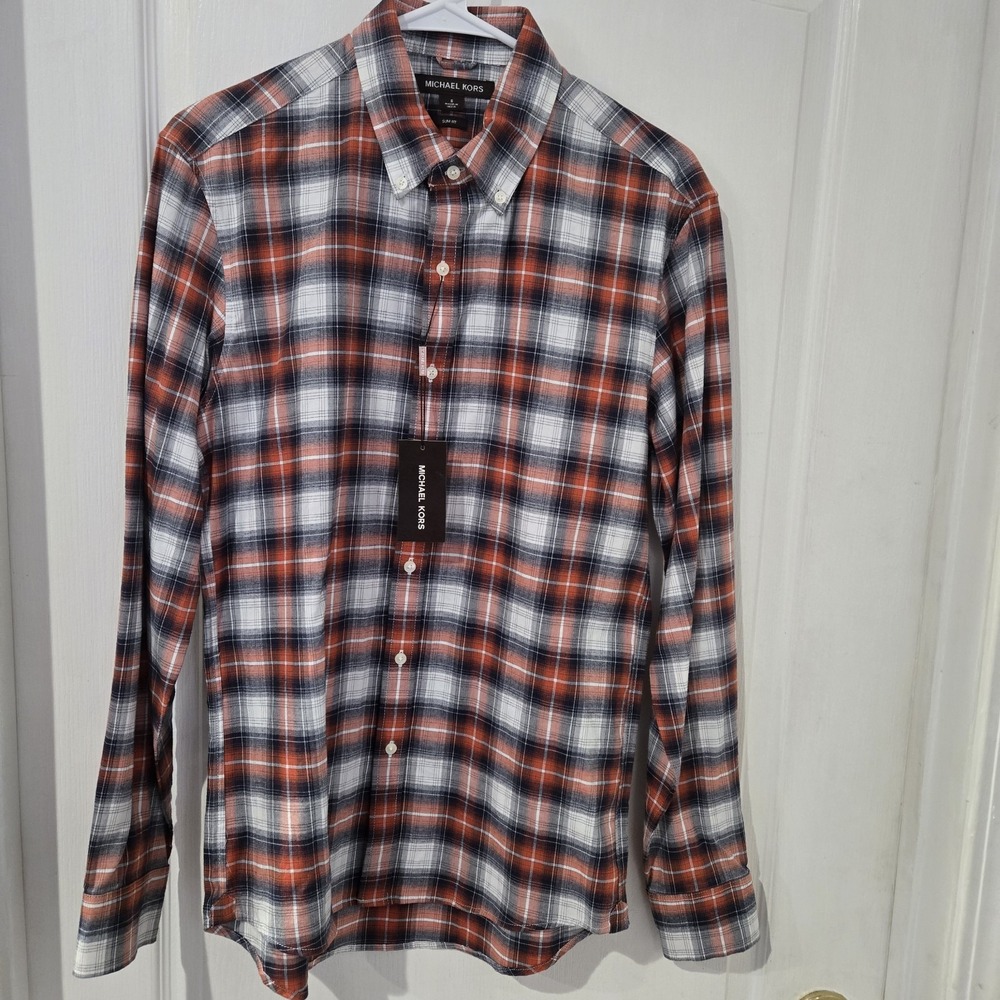NWT Mens Michael Kors Size Small Orange/ Blue Long Sleeve Button Up Chest 40 L28